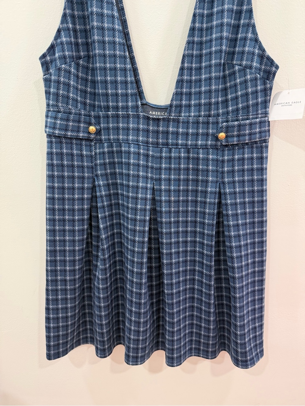 AEO Plaid Indigo Pinafore Mini Dress - Women size Large new - Picture 4 of 9